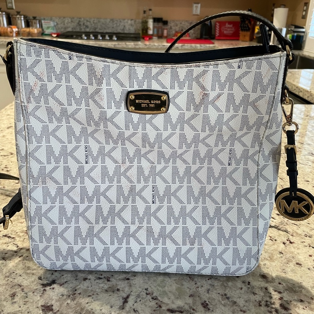 Michael Kors soft leather, navy & white, midsize crossbody bag.